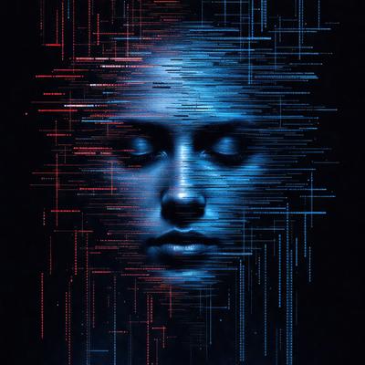 The primary subject of the image is a woman's face, which is the main focus of the image. The setting is a dark background, which creates a moody atmosphere. The visual style is digital art, as the image is a close-up of a woman's face with a blue and red color scheme. The colors and mood of the image are dramatic and intense, with the blue and red colors creating a striking contrast.